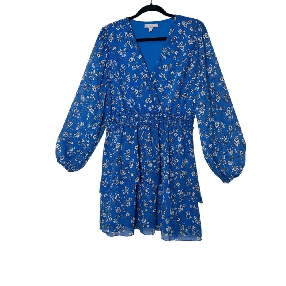 Chelsea28 Mini Dress Women Large Floral Blue‎ Cottagecore Elastic Waist Ruffle - Picture 2 of 9